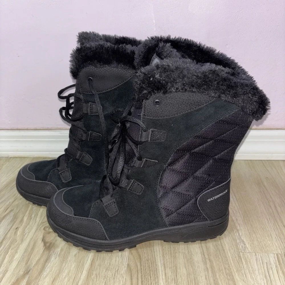 Columbia Ice Maiden II Waterproof Snow Boots Faux Fur Black Womens Size 9